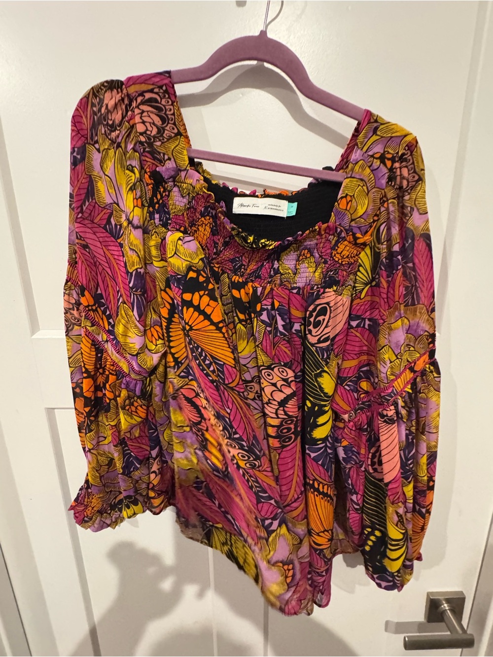 Anthropologie Vibrant Butterly square neck chiffon Peasant Top